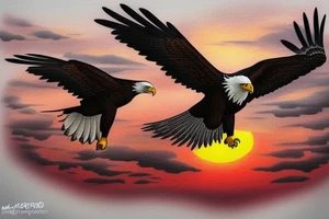 an eagle flying high, in front of a beautiful sunset, without mistakes or double wings. a beautiful and harmonious tattoo for the back tattoo idea
