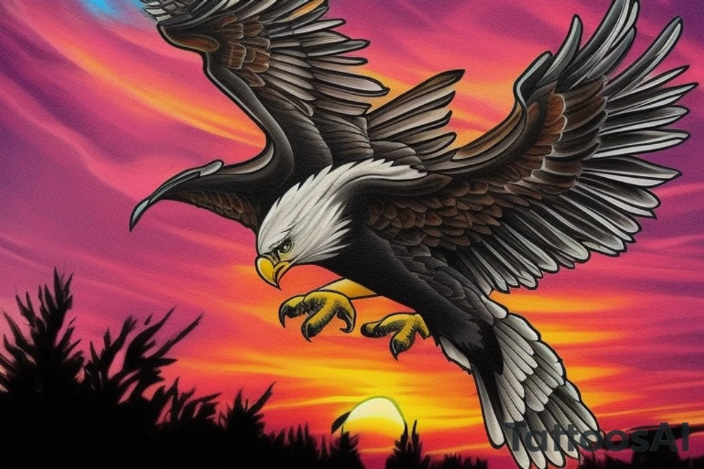 an eagle flying high, in front of a beautiful sunset, without mistakes or double wings. a beautiful and harmonious tattoo for the back tattoo idea