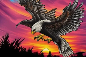 an eagle flying high, in front of a beautiful sunset, without mistakes or double wings. a beautiful and harmonious tattoo for the back tattoo idea