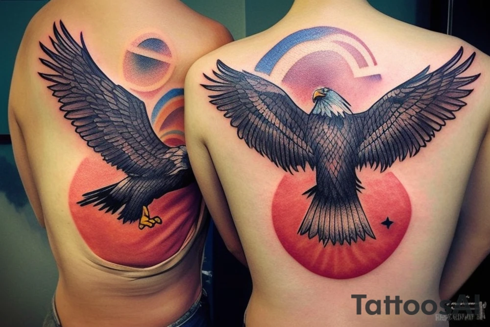 an eagle flying high, in front of a beautiful sunset, without mistakes or double wings. a beautiful and harmonious tattoo for the back tattoo idea