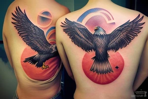 an eagle flying high, in front of a beautiful sunset, without mistakes or double wings. a beautiful and harmonious tattoo for the back tattoo idea