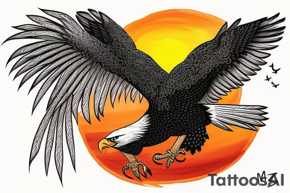 an eagle flying high, in front of a beautiful sunset, without mistakes or double wings. a beautiful and harmonious tattoo for the back tattoo idea