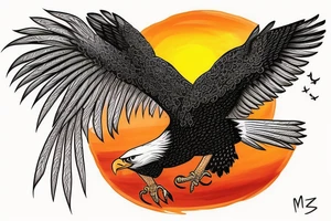 an eagle flying high, in front of a beautiful sunset, without mistakes or double wings. a beautiful and harmonious tattoo for the back tattoo idea