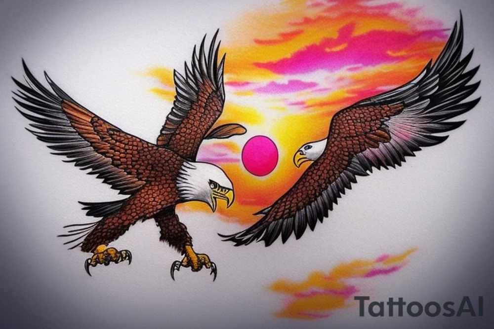an eagle flying high, in front of a beautiful sunset, without mistakes or double wings. a beautiful and harmonious tattoo for the back tattoo idea