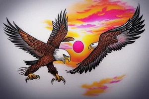 an eagle flying high, in front of a beautiful sunset, without mistakes or double wings. a beautiful and harmonious tattoo for the back tattoo idea