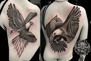 an eagle flying high, in front of a beautiful sunset, without mistakes or double wings. a beautiful and harmonious tattoo for the back tattoo idea