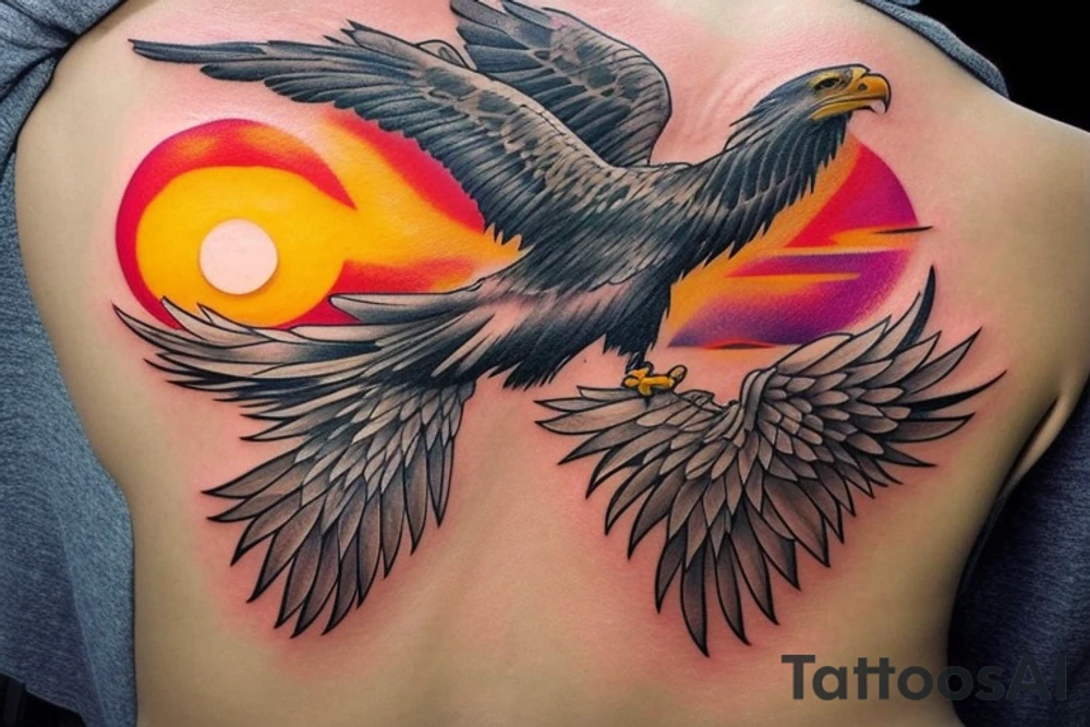 an eagle flying high, in front of a beautiful sunset, without mistakes or double wings. a beautiful and harmonious tattoo for the back tattoo idea