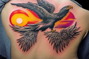 an eagle flying high, in front of a beautiful sunset, without mistakes or double wings. a beautiful and harmonious tattoo for the back tattoo idea