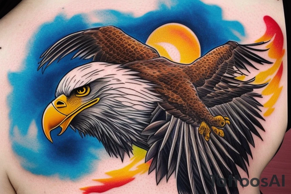 an eagle flying high, in front of a beautiful sunset, without mistakes or double wings. a beautiful and harmonious tattoo for the back tattoo idea