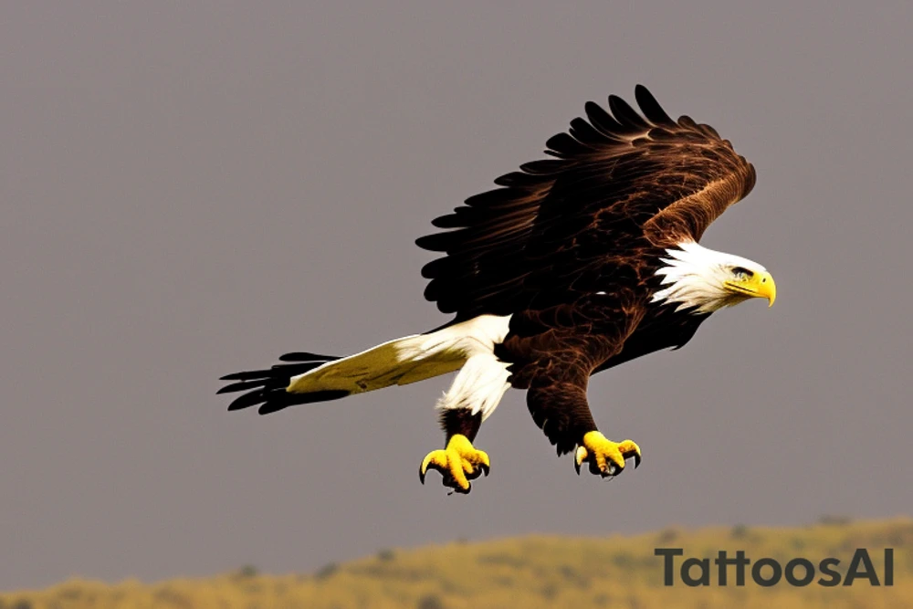 "Visualize a majestic eagle in mid-flight, its wings spread wide and its plumage detailed to capture the texture and brilliance. The eagle should be soaring toward a stunning sunset, with vibrant colors and gradients that convey warmth and the beauty of the moment. Ensure the eagle is represented with anatomical accuracy and realism, whilst maintaining a sense of fluidity and movement. The composition should convey a sense of freedom and inspiration, with the eagle occupying a central place in the design and the sunset filling the horizon in a stunning way. Details like the eagle's feathers, the colors of the sky and the contrast between the eagle and the sun are essential to creating an incredible and impactful tattoo that evokes a sense of awe and power." tattoo idea