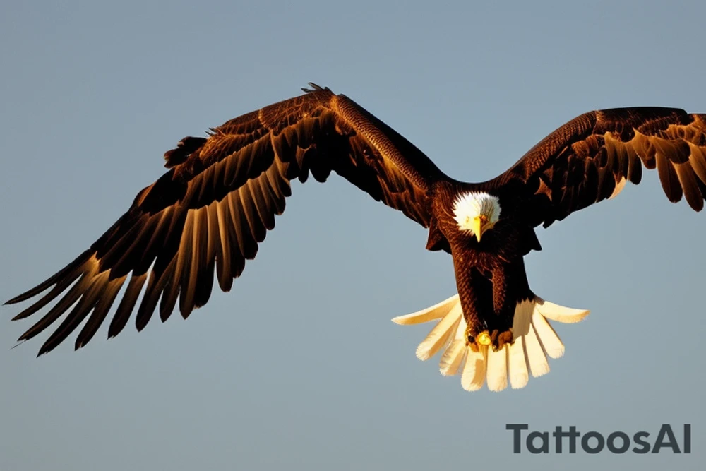 "Visualize a majestic eagle in mid-flight, its wings spread wide and its plumage detailed to capture the texture and brilliance. The eagle should be soaring toward a stunning sunset, with vibrant colors and gradients that convey warmth and the beauty of the moment. Ensure the eagle is represented with anatomical accuracy and realism, whilst maintaining a sense of fluidity and movement. The composition should convey a sense of freedom and inspiration, with the eagle occupying a central place in the design and the sunset filling the horizon in a stunning way. Details like the eagle's feathers, the colors of the sky and the contrast between the eagle and the sun are essential to creating an incredible and impactful tattoo that evokes a sense of awe and power." tattoo idea