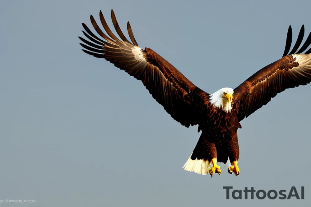 "Visualize a majestic eagle in mid-flight, its wings spread wide and its plumage detailed to capture the texture and brilliance. The eagle should be soaring toward a stunning sunset, with vibrant colors and gradients that convey warmth and the beauty of the moment. Ensure the eagle is represented with anatomical accuracy and realism, whilst maintaining a sense of fluidity and movement. The composition should convey a sense of freedom and inspiration, with the eagle occupying a central place in the design and the sunset filling the horizon in a stunning way. Details like the eagle's feathers, the colors of the sky and the contrast between the eagle and the sun are essential to creating an incredible and impactful tattoo that evokes a sense of awe and power." tattoo idea