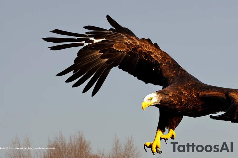 "Visualize a majestic eagle in mid-flight, its wings spread wide and its plumage detailed to capture the texture and brilliance. The eagle should be soaring toward a stunning sunset, with vibrant colors and gradients that convey warmth and the beauty of the moment. Ensure the eagle is represented with anatomical accuracy and realism, whilst maintaining a sense of fluidity and movement. The composition should convey a sense of freedom and inspiration, with the eagle occupying a central place in the design and the sunset filling the horizon in a stunning way. Details like the eagle's feathers, the colors of the sky and the contrast between the eagle and the sun are essential to creating an incredible and impactful tattoo that evokes a sense of awe and power." tattoo idea