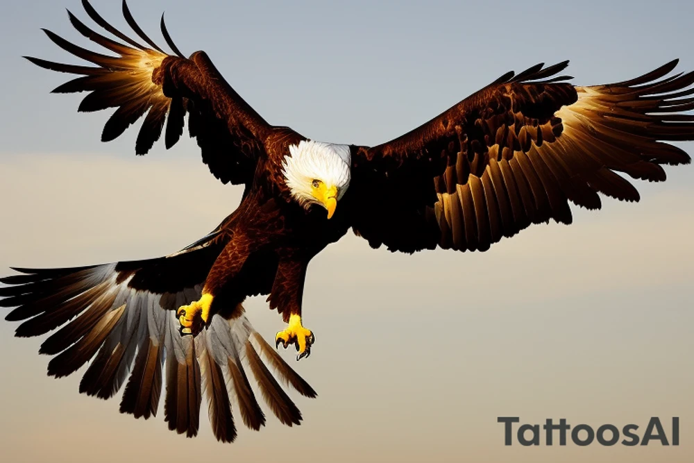 "Visualize a majestic eagle in mid-flight, its wings spread wide and its plumage detailed to capture the texture and brilliance. The eagle should be soaring toward a stunning sunset, with vibrant colors and gradients that convey warmth and the beauty of the moment. Ensure the eagle is represented with anatomical accuracy and realism, whilst maintaining a sense of fluidity and movement. The composition should convey a sense of freedom and inspiration, with the eagle occupying a central place in the design and the sunset filling the horizon in a stunning way. Details like the eagle's feathers, the colors of the sky and the contrast between the eagle and the sun are essential to creating an incredible and impactful tattoo that evokes a sense of awe and power." tattoo idea