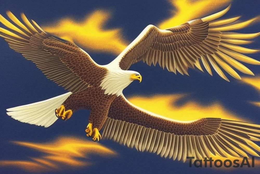 "Visualize a majestic eagle in mid-flight, its wings spread wide and its plumage detailed to capture the texture and brilliance. The eagle should be soaring toward a stunning sunset, with vibrant colors and gradients that convey warmth and the beauty of the moment. Ensure the eagle is represented with anatomical accuracy and realism, whilst maintaining a sense of fluidity and movement. The composition should convey a sense of freedom and inspiration, with the eagle occupying a central place in the design and the sunset filling the horizon in a stunning way. Details like the eagle's feathers, the colors of the sky and the contrast between the eagle and the sun are essential to creating an incredible and impactful tattoo that evokes a sense of awe and power." tattoo idea