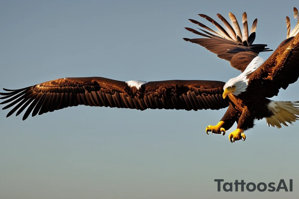 "Visualize a majestic eagle in mid-flight, its wings spread wide and its plumage detailed to capture the texture and brilliance. The eagle should be soaring toward a stunning sunset, with vibrant colors and gradients that convey warmth and the beauty of the moment. Ensure the eagle is represented with anatomical accuracy and realism, whilst maintaining a sense of fluidity and movement. The composition should convey a sense of freedom and inspiration, with the eagle occupying a central place in the design and the sunset filling the horizon in a stunning way. Details like the eagle's feathers, the colors of the sky and the contrast between the eagle and the sun are essential to creating an incredible and impactful tattoo that evokes a sense of awe and power." tattoo idea
