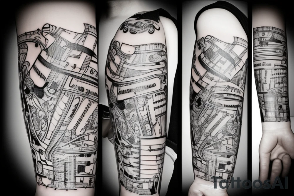 a music tattoo for men that goes around my left hand through my entire left arm tattoo idea