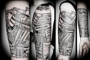 a music tattoo for men that goes around my left hand through my entire left arm tattoo idea