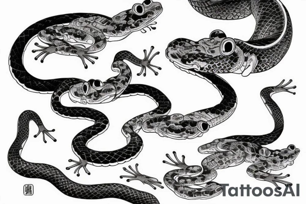 japenese style arm sleeve with japanese frogs fighting a snake tattoo idea