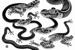 japenese style arm sleeve with japanese frogs fighting a snake tattoo idea