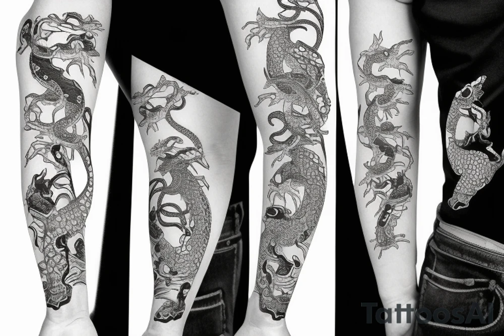 japenese style arm sleeve with japanese frogs fighting a snake tattoo idea