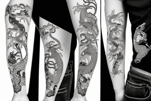 japenese style arm sleeve with japanese frogs fighting a snake tattoo idea