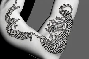 japenese style arm sleeve with japanese frogs fighting a snake tattoo idea