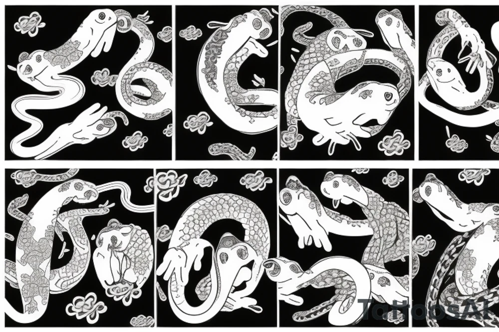japenese style arm sleeve with japanese frogs fighting a snake tattoo idea