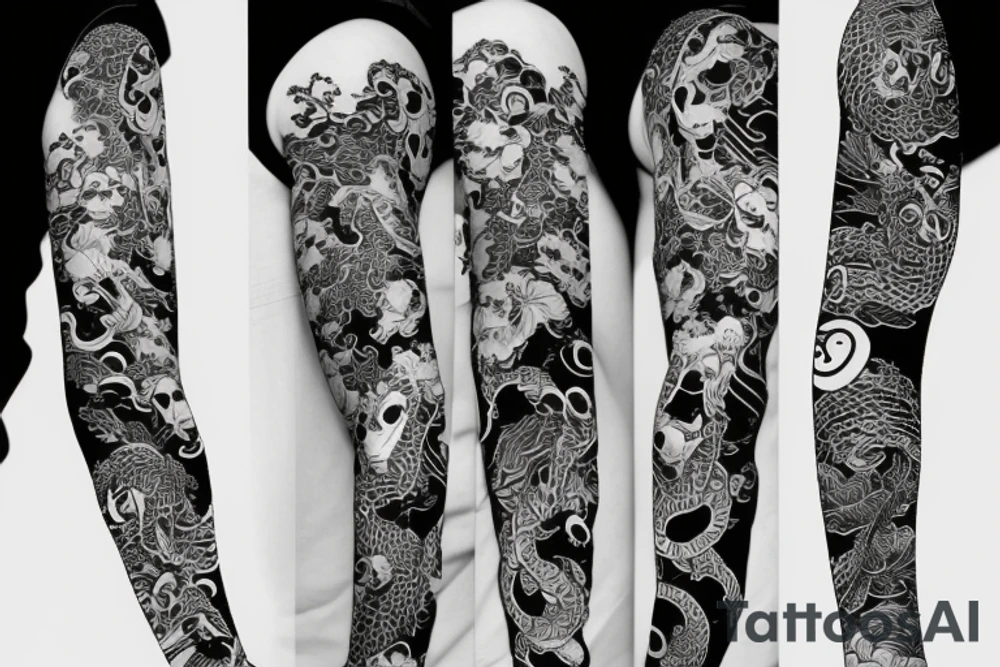 japenese style arm sleeve with japanese frogs fighting a snake tattoo idea