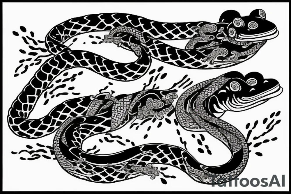 japenese style arm sleeve with japanese frogs fighting a snake tattoo idea