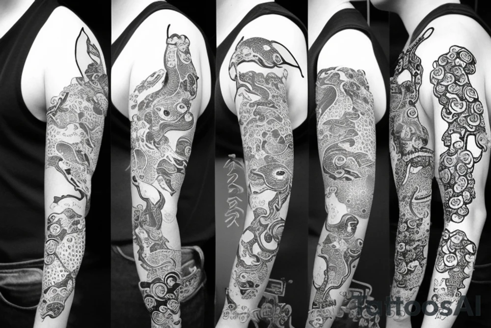 japenese style arm sleeve with japanese frogs fighting a snake tattoo idea