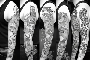 japenese style arm sleeve with japanese frogs fighting a snake tattoo idea