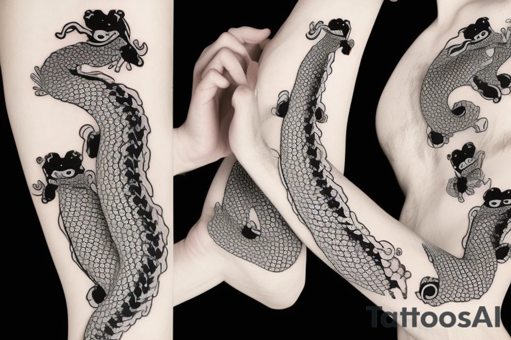 japenese style arm sleeve with japanese frogs fighting a snake tattoo idea