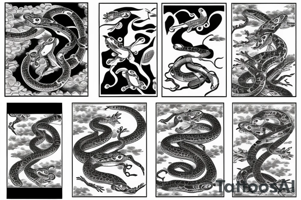 japenese style arm sleeve with japanese frogs fighting a snake tattoo idea