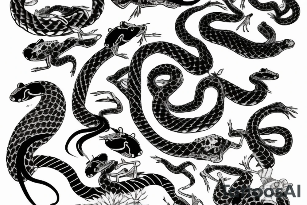 japenese style arm sleeve with japanese frogs fighting a snake tattoo idea