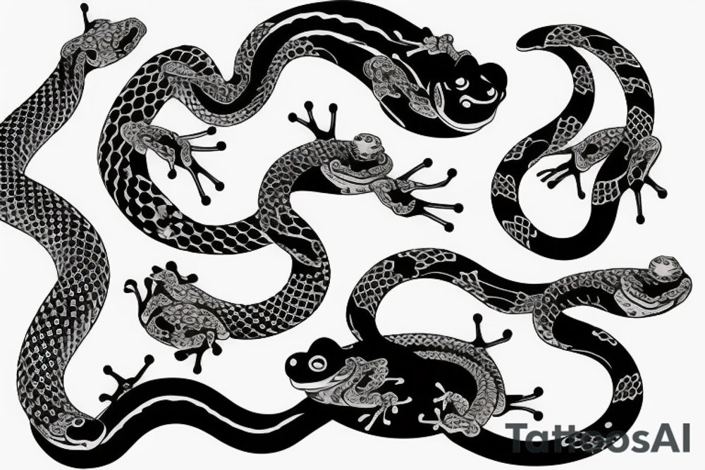 japenese style arm sleeve with japanese frogs fighting a snake tattoo idea