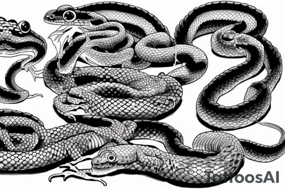 sleeve tattoo with frogs fighting a snake. one frog is getting squeezed by the snake while he stabs a sword into the snake. Another frog is in the air attacking the snake with a sword tattoo idea