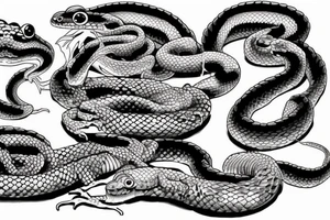 sleeve tattoo with frogs fighting a snake. one frog is getting squeezed by the snake while he stabs a sword into the snake. Another frog is in the air attacking the snake with a sword tattoo idea