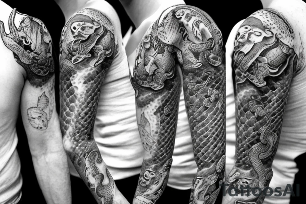 sleeve tattoo with frogs fighting a snake. one frog is getting squeezed by the snake while he stabs a sword into the snake. Another frog is in the air attacking the snake with a sword tattoo idea