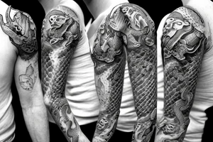 sleeve tattoo with frogs fighting a snake. one frog is getting squeezed by the snake while he stabs a sword into the snake. Another frog is in the air attacking the snake with a sword tattoo idea