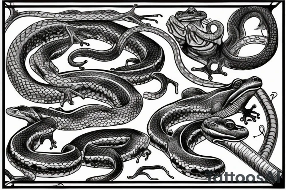 sleeve tattoo with frogs fighting a snake. one frog is getting squeezed by the snake while he stabs a sword into the snake. Another frog is in the air attacking the snake with a sword tattoo idea