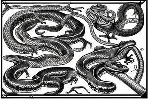 sleeve tattoo with frogs fighting a snake. one frog is getting squeezed by the snake while he stabs a sword into the snake. Another frog is in the air attacking the snake with a sword tattoo idea
