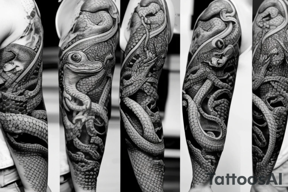 sleeve tattoo with frogs fighting a snake. one frog is getting squeezed by the snake while he stabs a sword into the snake. Another frog is in the air attacking the snake with a sword tattoo idea