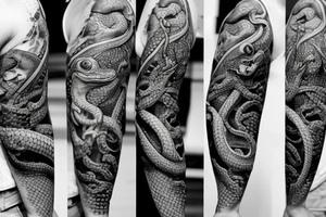 sleeve tattoo with frogs fighting a snake. one frog is getting squeezed by the snake while he stabs a sword into the snake. Another frog is in the air attacking the snake with a sword tattoo idea