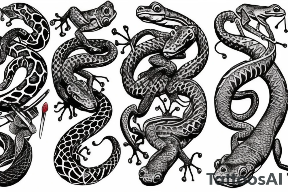sleeve tattoo with frogs fighting one 
snake. one frog is getting squeezed by the snake while he stabs a sword into the snake. Another frog is in the air attacking the snake with a sword tattoo idea