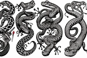 sleeve tattoo with frogs fighting one 
snake. one frog is getting squeezed by the snake while he stabs a sword into the snake. Another frog is in the air attacking the snake with a sword tattoo idea