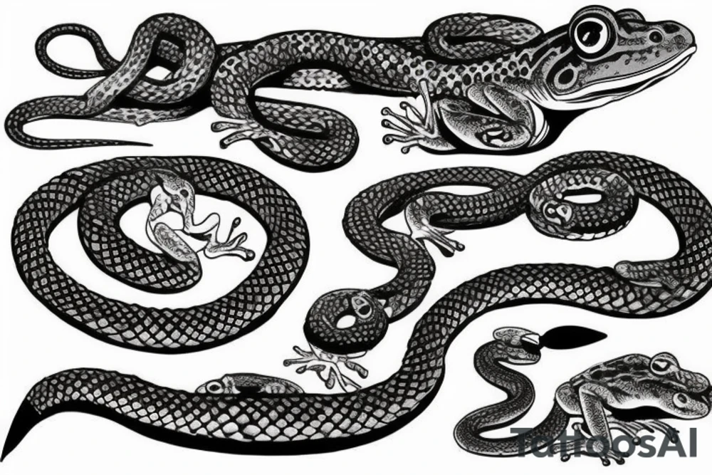 sleeve tattoo with frogs fighting one 
snake. one frog is getting squeezed by the snake while he stabs a sword into the snake. Another frog is in the air attacking the snake with a sword tattoo idea