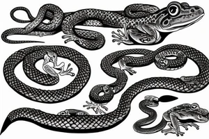 sleeve tattoo with frogs fighting one 
snake. one frog is getting squeezed by the snake while he stabs a sword into the snake. Another frog is in the air attacking the snake with a sword tattoo idea