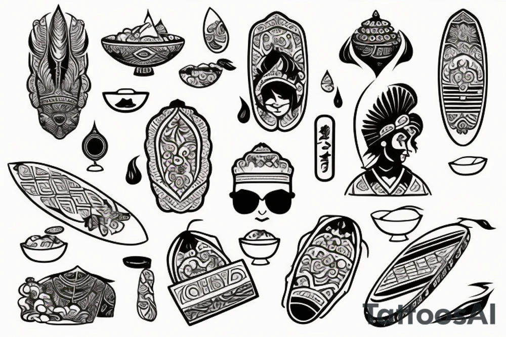 Indian food on a surfboard tattoo idea