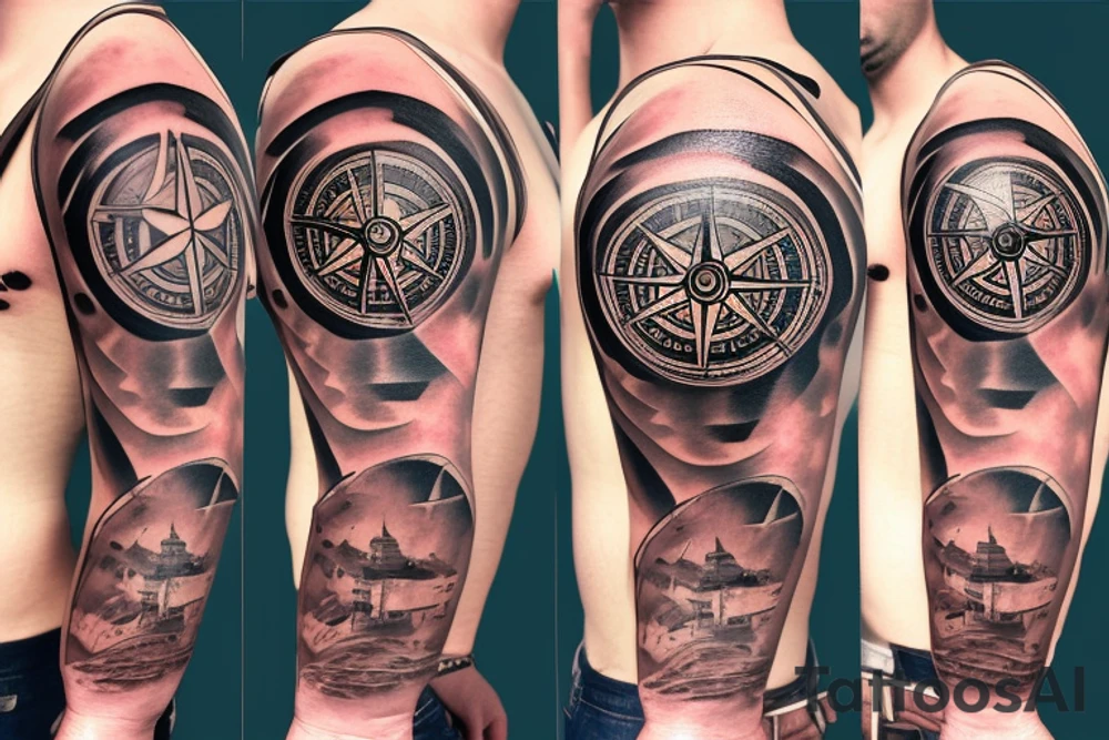 surreal compass fortress tattoo idea